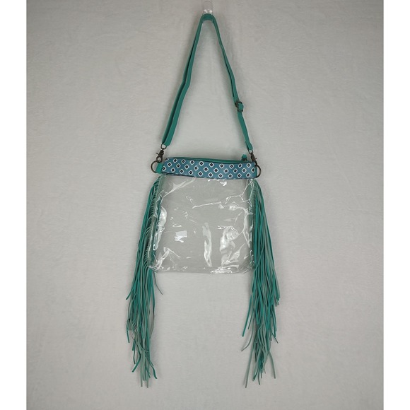 Handbags - Clear PVC Fringe Crossbody Bag Teal Southwest Geometric Stadium Approved Purse